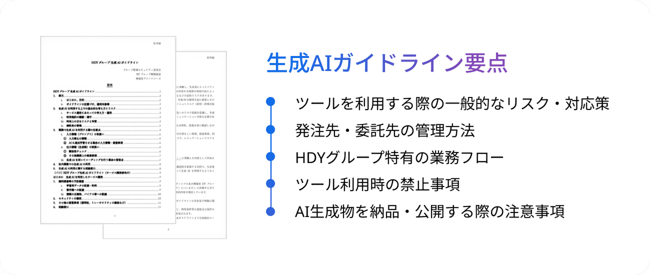 生成AIガイドライン要点:ツールを利用する際の一般的なリスク・対応策、発注先・委託先の管理方法、HDYグループ特有の業務フロー、ツール利用時の禁止事項、AI生成物を納品・公開する際の注意事項